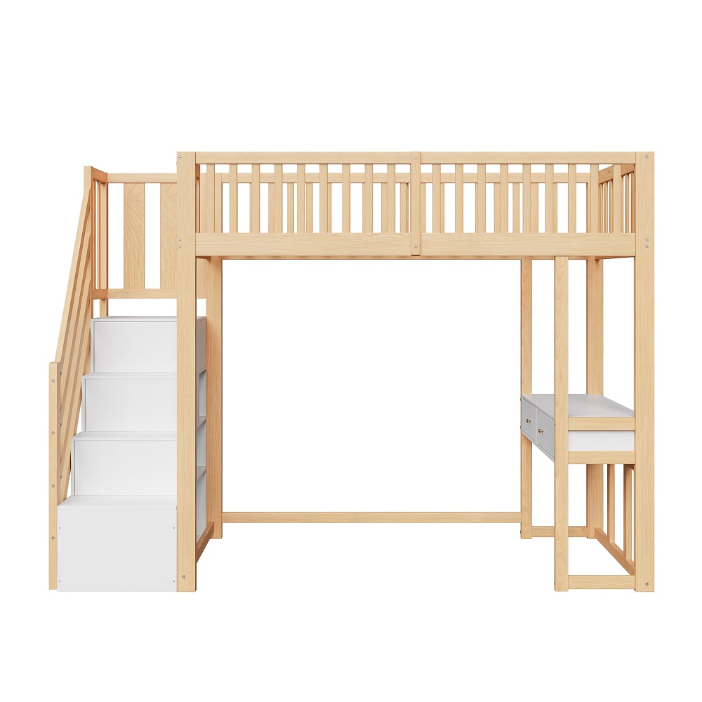 Hochbett 90x200 cm mit Schreibtisch und Stauraumtreppe Eiche -
