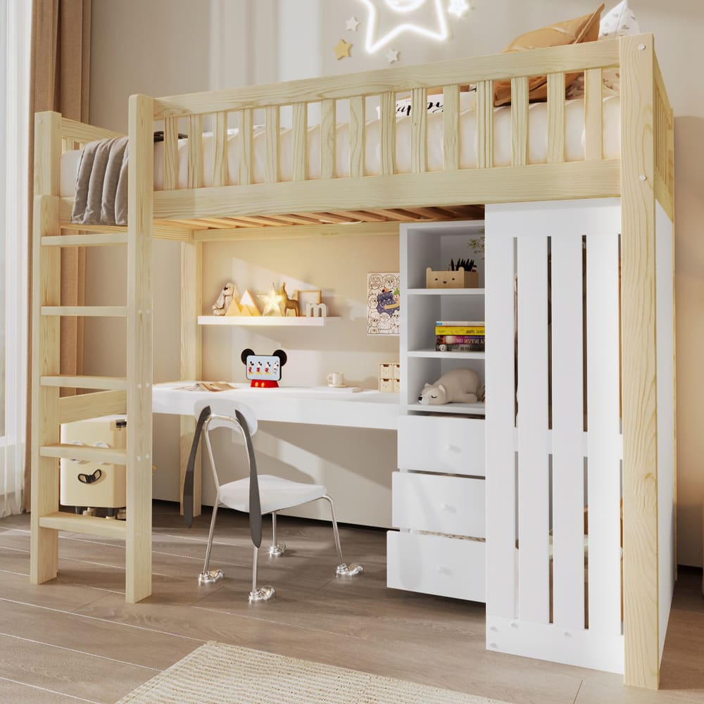 Kinder-Hochbett 90x200 cm mit Schreibtisch und Kleiderschrank -