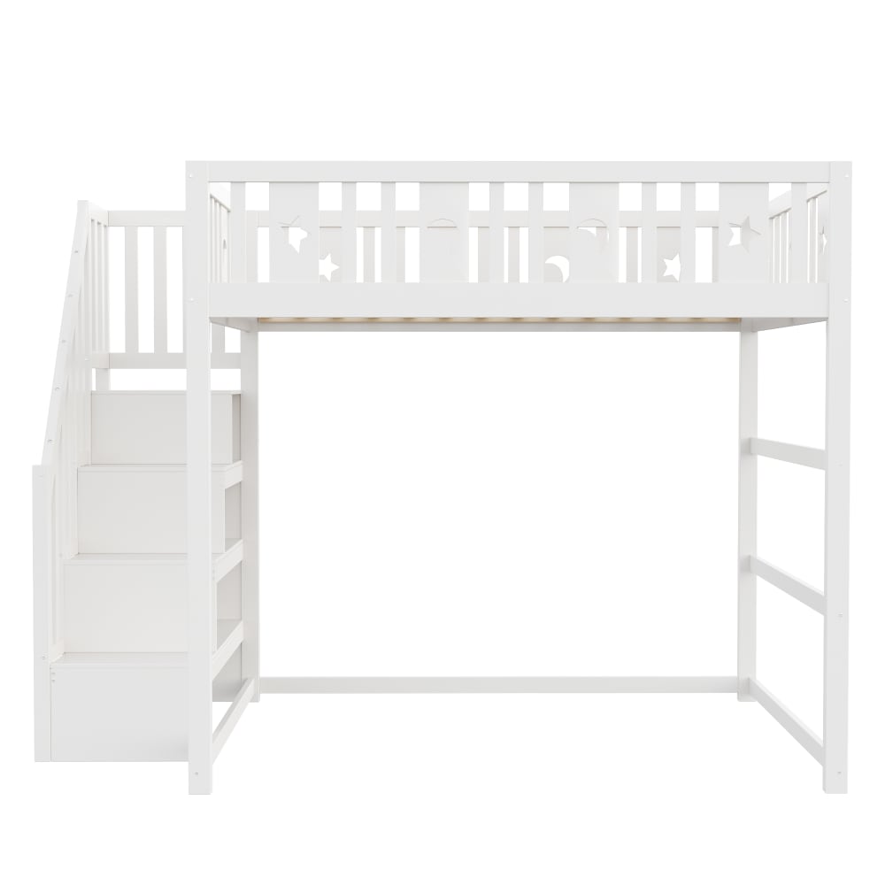 Hochbett 140x200 cm mit Treppe und Regalen Weiß - Maisons Du
