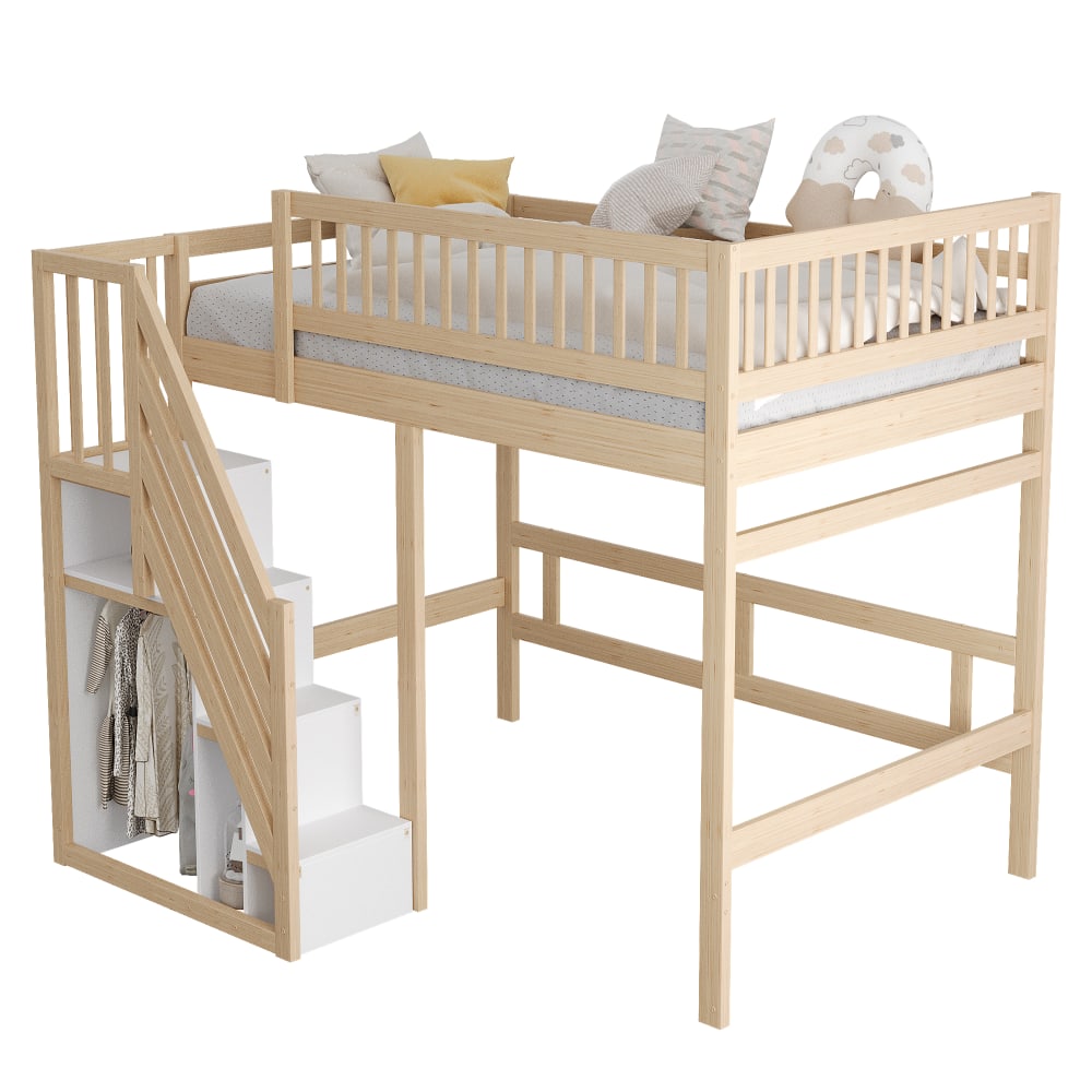 Hochbett 140x200 cm mit Stauraumtreppe aus Massivholz - Maisons