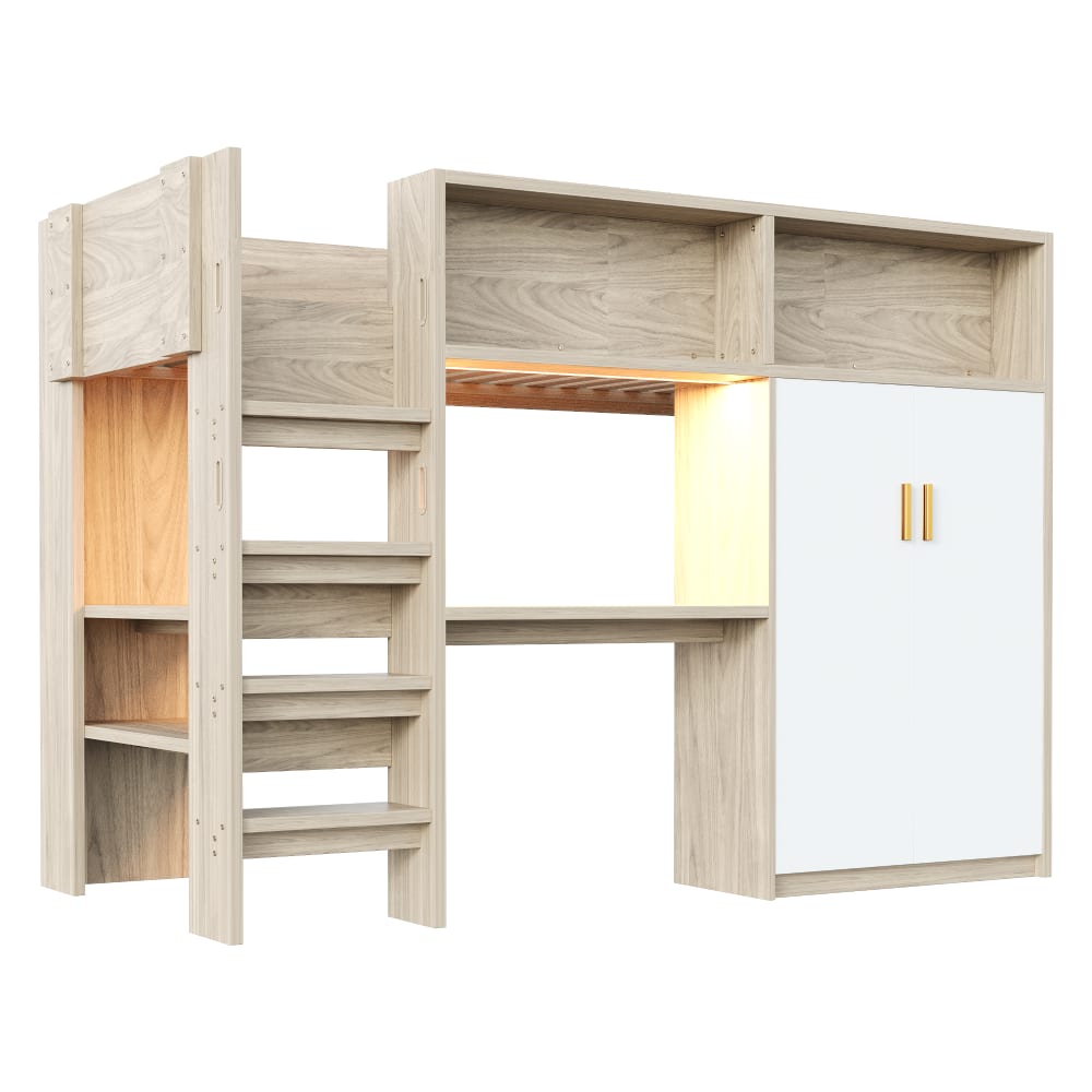Lit mezzanine 90x200 cm avec bureau et armoire décor bois