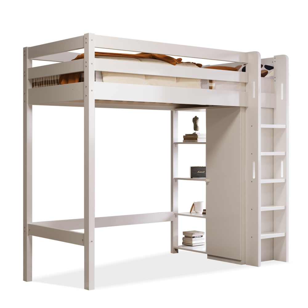 Kinder-Hochbett 90x200 cm mit Kleiderschrank und Regalen, Weiß -
