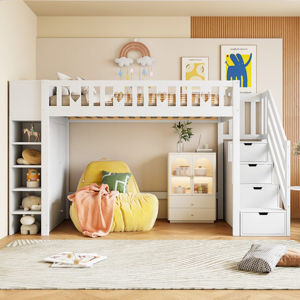 Kinder-Hochbett 90x200 cm mit Stauraum und Schrank, Weiß -