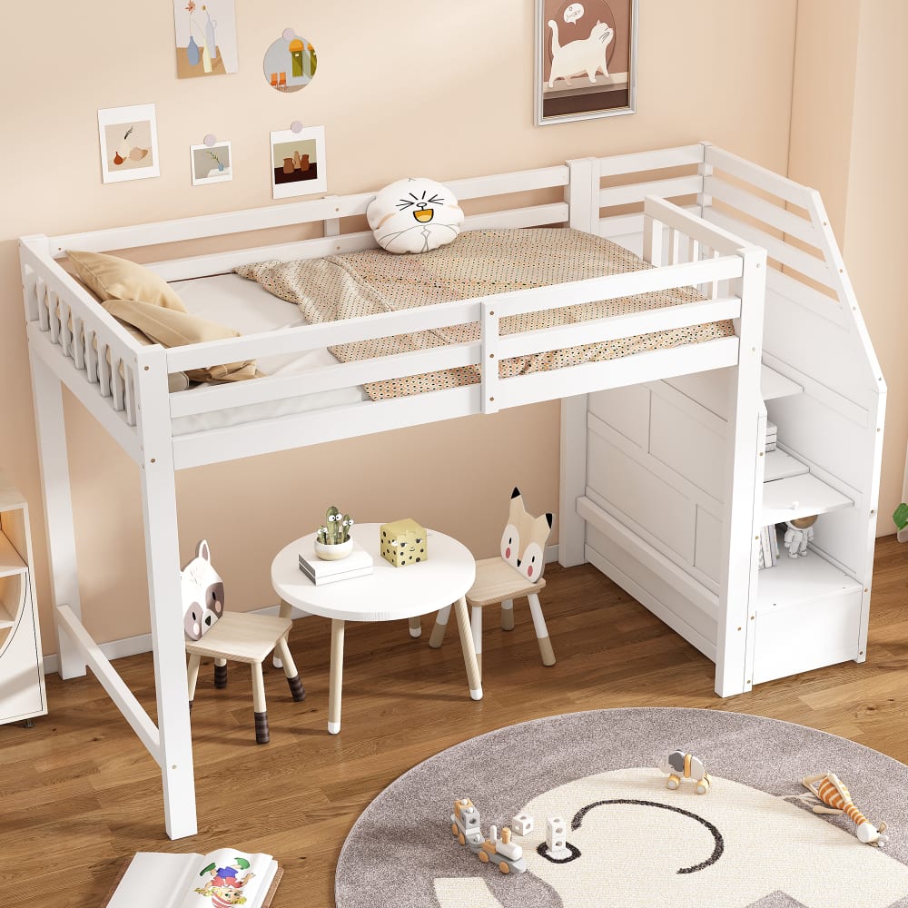 Kinder-Hochbett 90x200 cm mit Stauraumtreppe, Weiß - Maisons Du