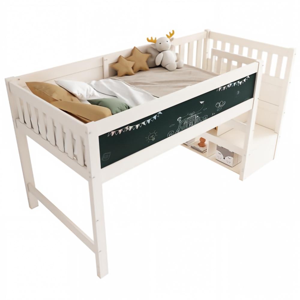 Kinder-Hochbett 90x200 cm mit Tafel und Stauraum, Weiß - Maisons