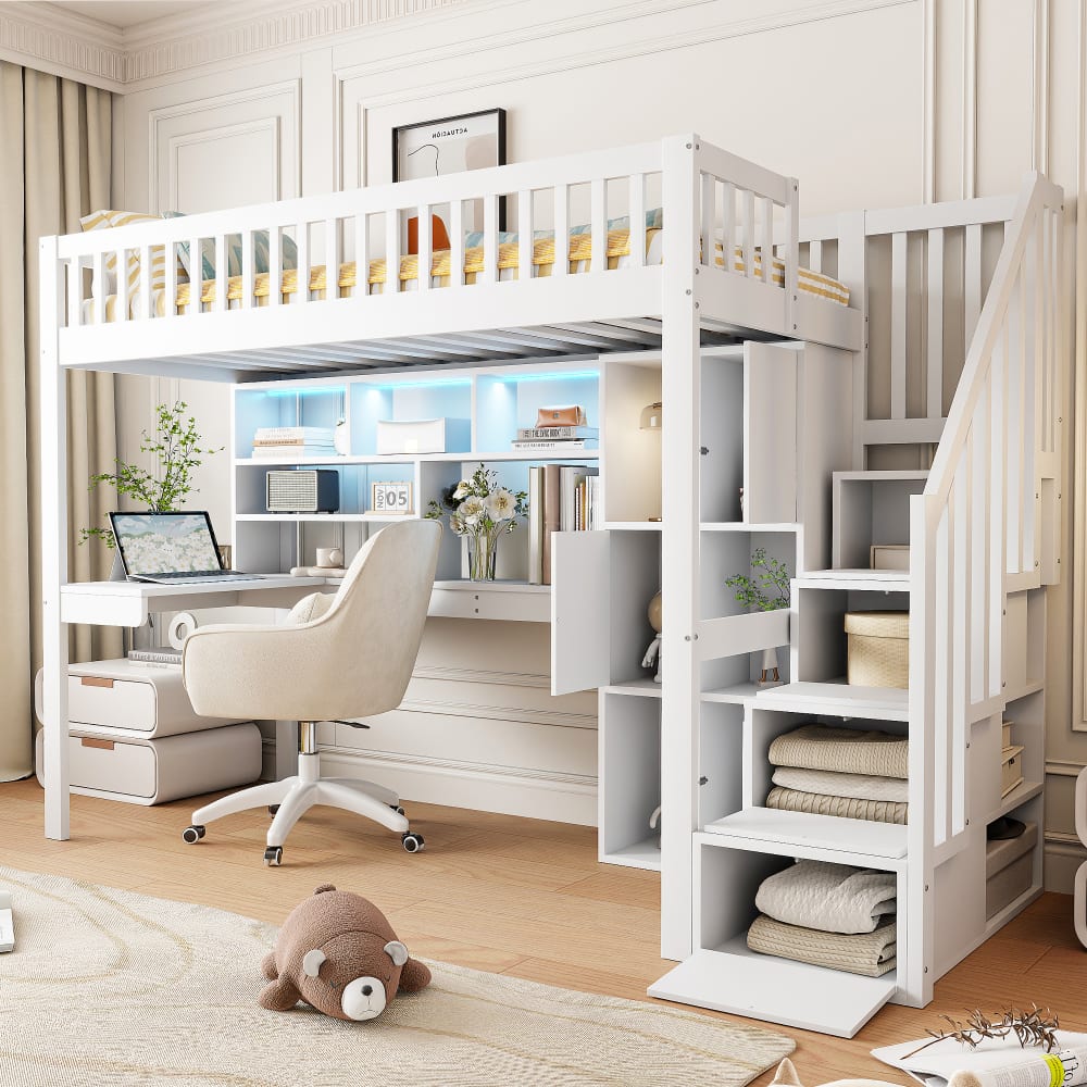 Kinder-Hochbett 90x200 cm mit LED und Schreibtisch, Weiß -