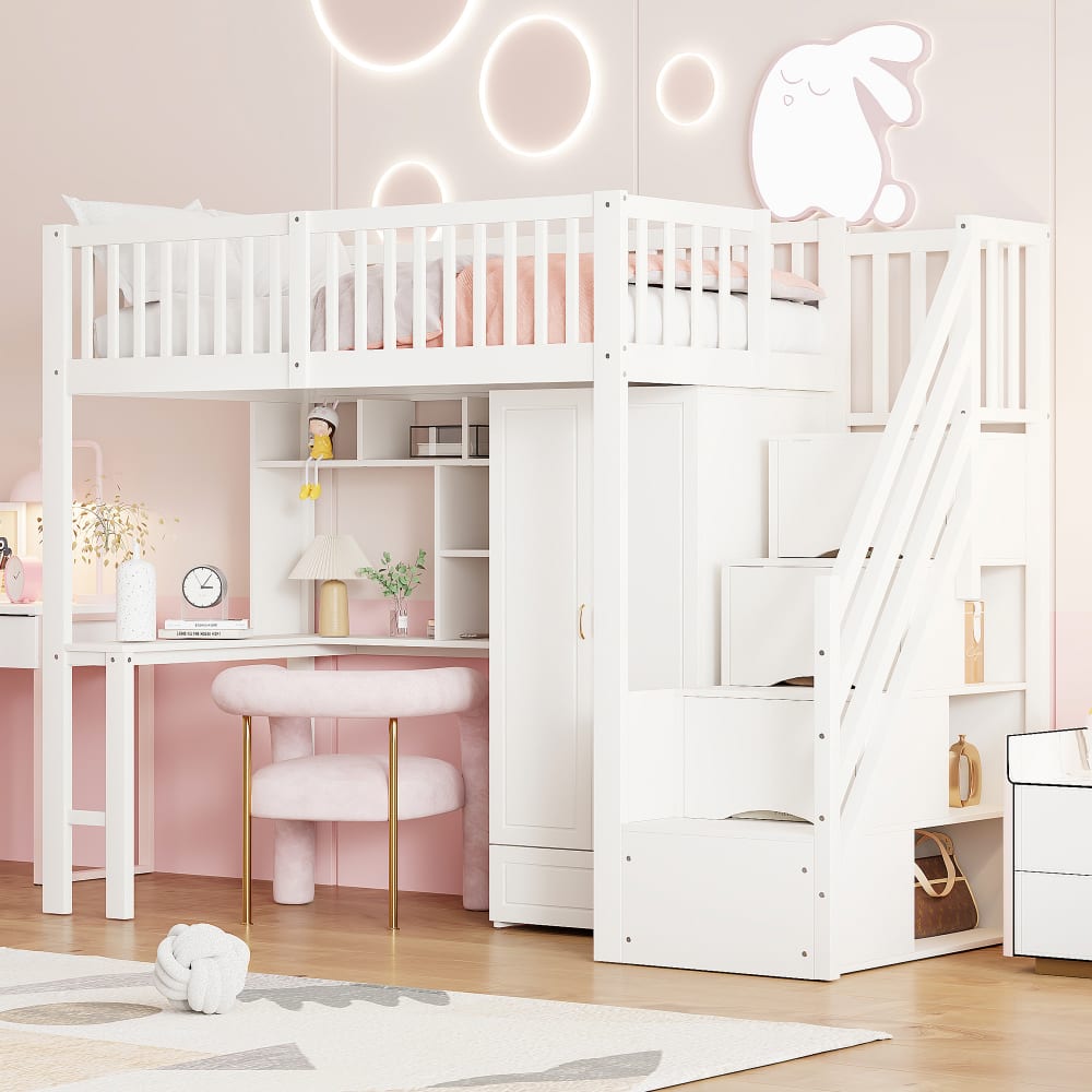 Hochbett 90x200 cm mit Schrank Schreibtisch und Stauraum -
