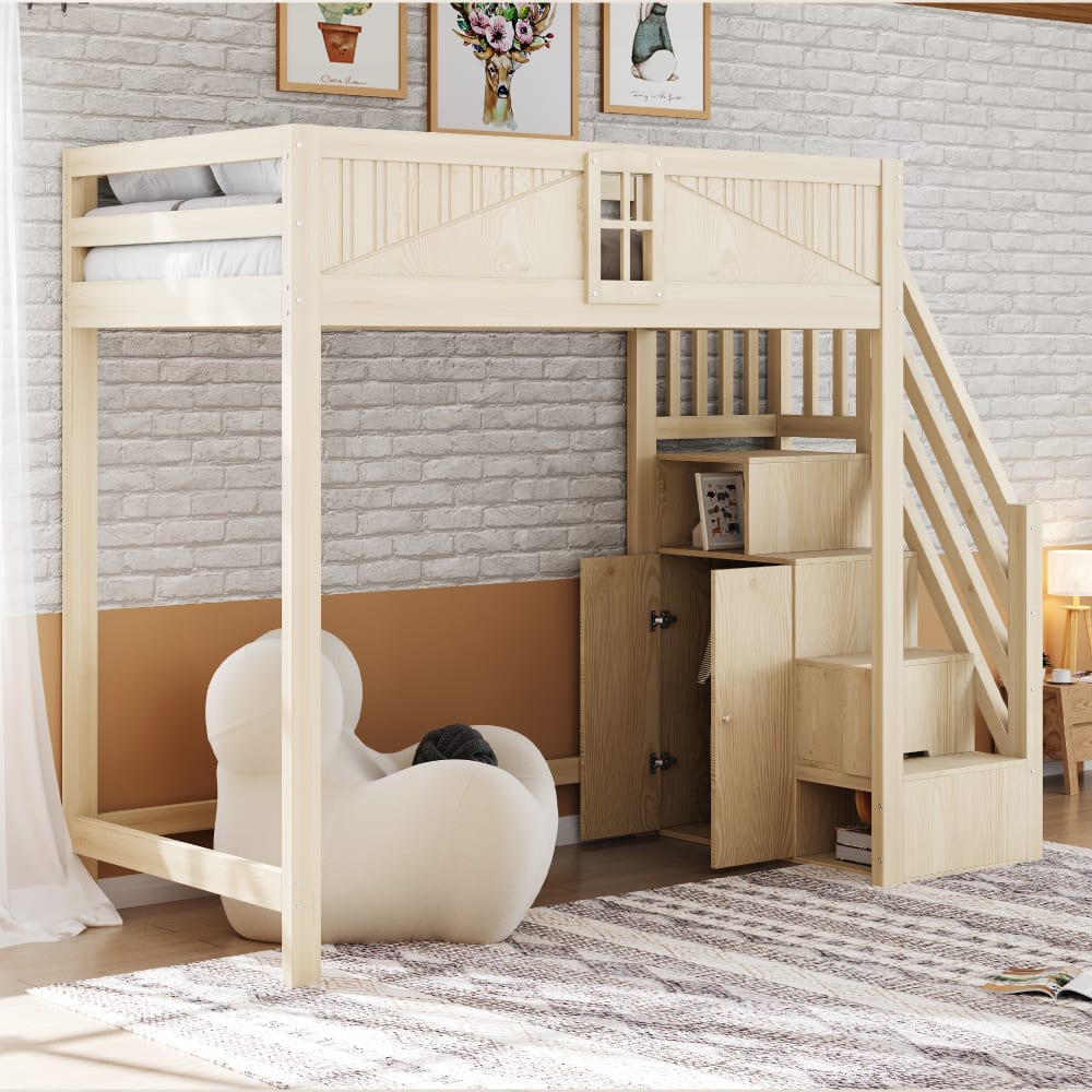 Kinderhochbett 90x200 cm mit Fensterdesign und Stauraumleiter