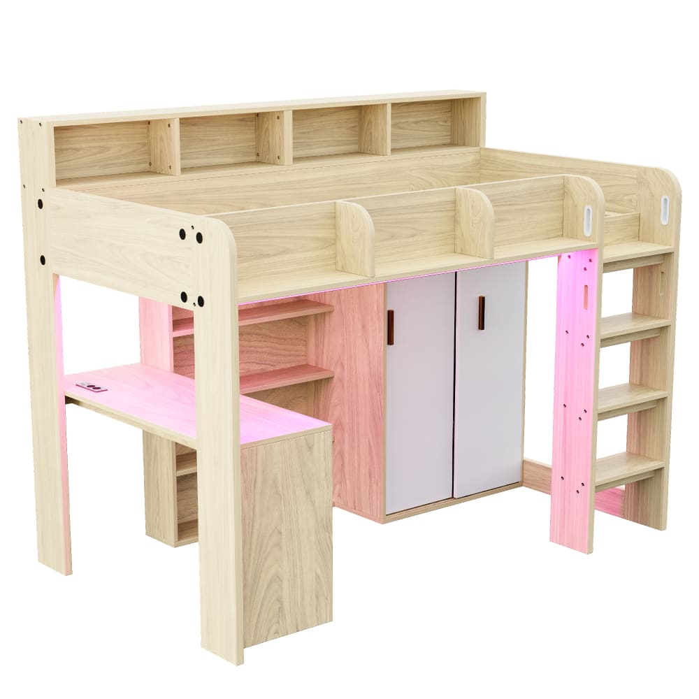 ComfortXL Hochbett 90x200 cm mit Schreibtisch und Kleiderschrank Holzoptik BRAUN HOLZ Baby