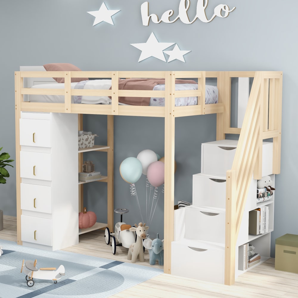 Kinderhochbett 90x200 cm mit Schubladen Regal Leiter Holzfarbe -