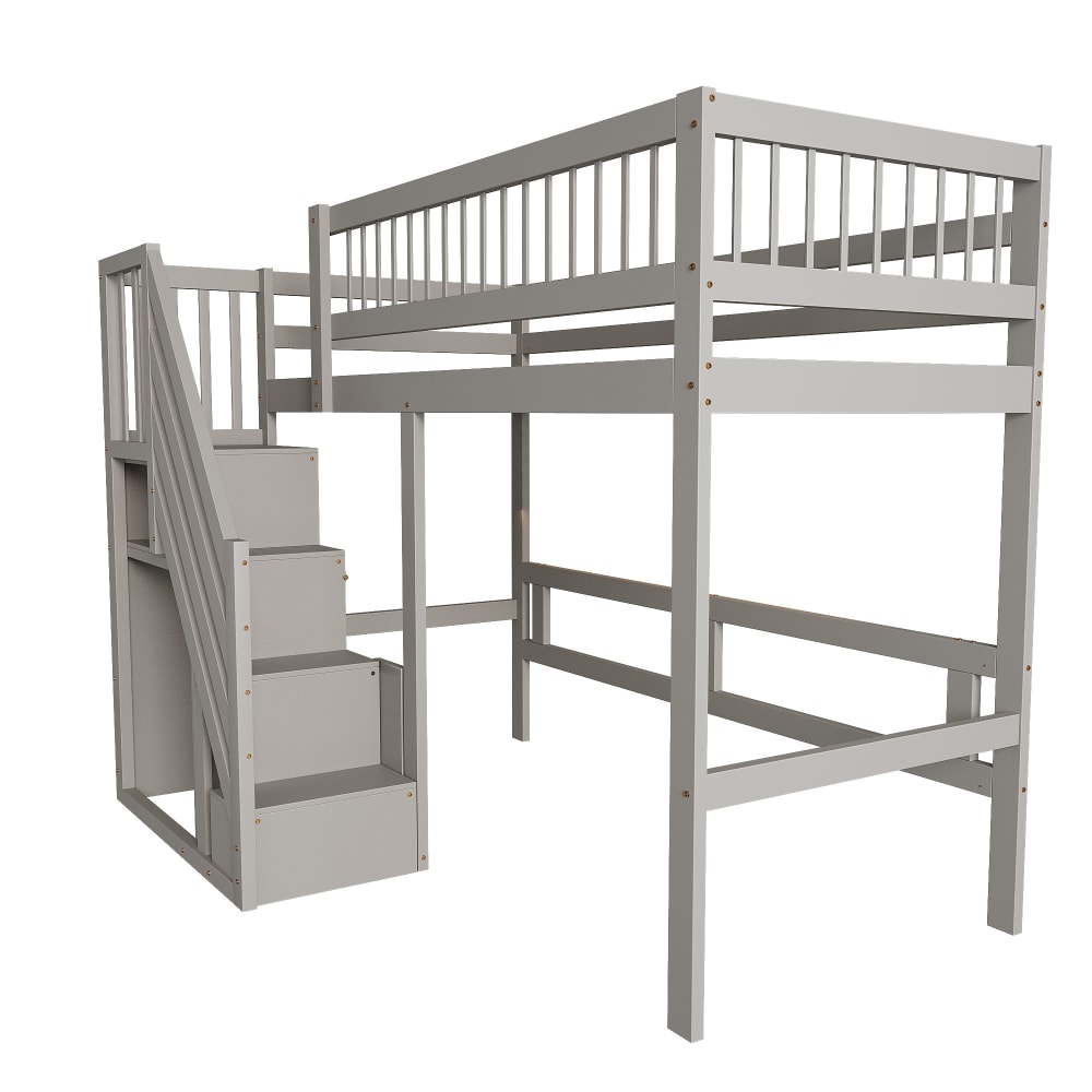 Hochbett 90x200 cm mit Stauraumtreppe aus Massivholz grau -