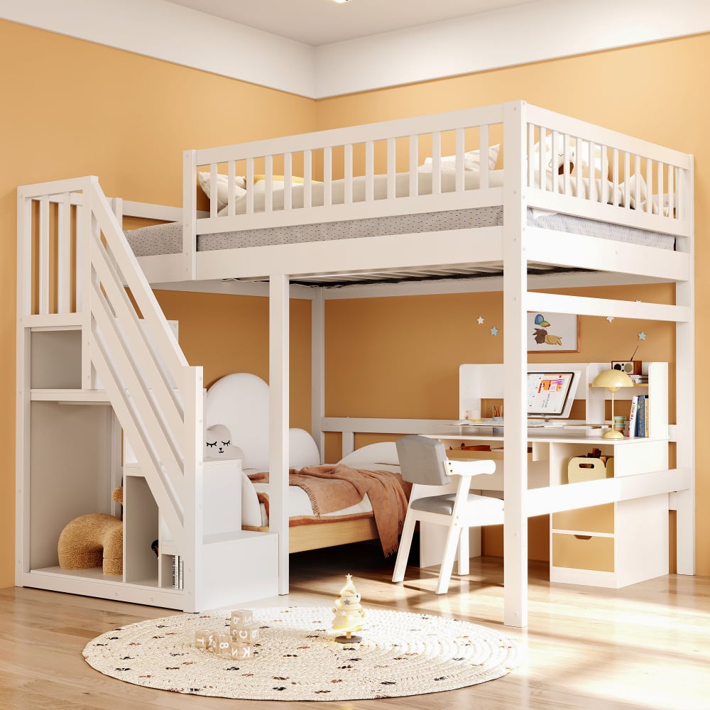 Hochbett 140x200 cm mit Stauraumtreppe aus Massivholz weiß -