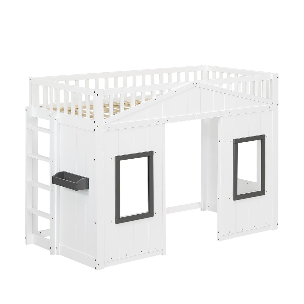 ComfortXL Kinder-Hochbett 90x200 cm im Hausdesign mit Treppe weiß Holz Baby