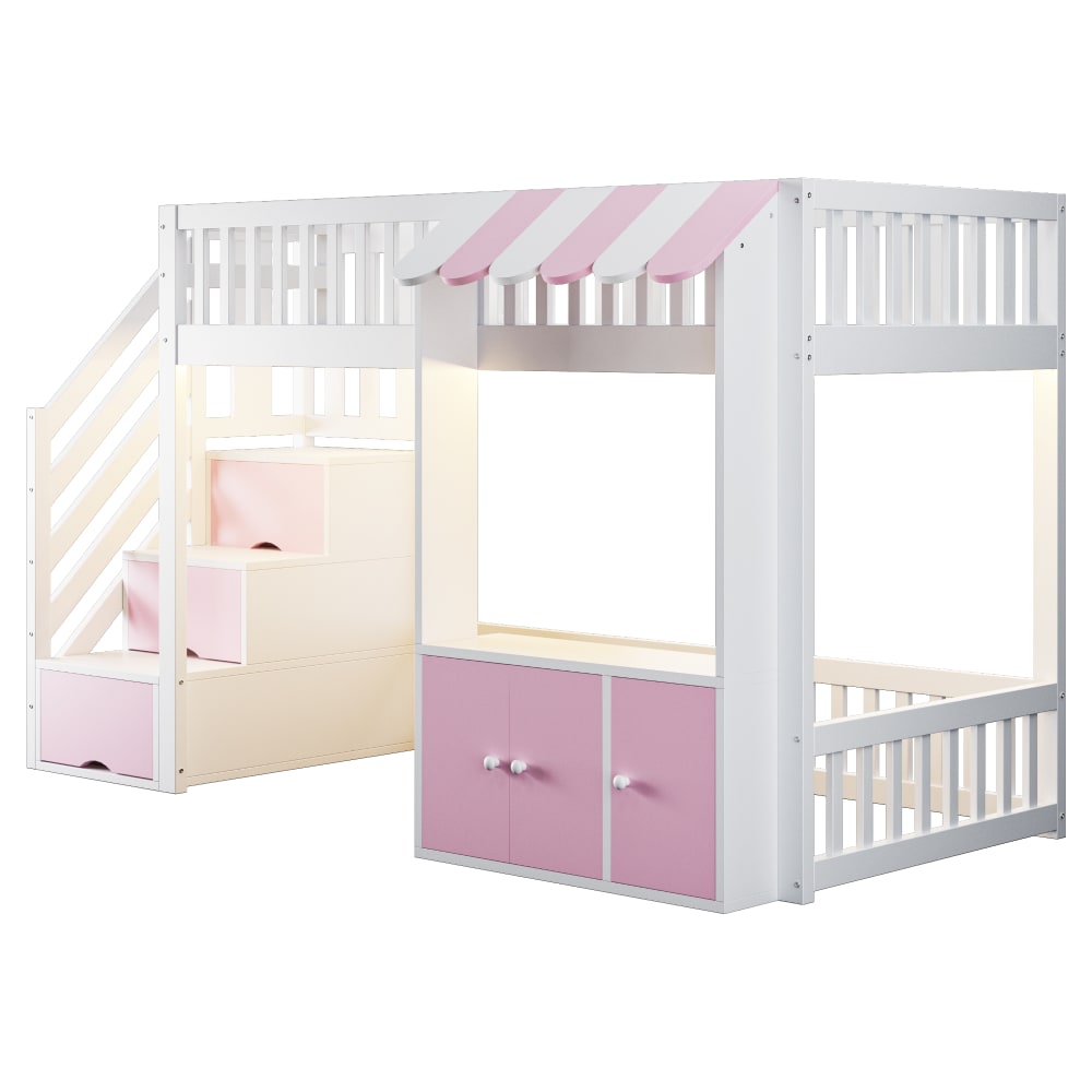 Lit mezzanine enfant 90x200 cm avec LED escalier et rangement rose