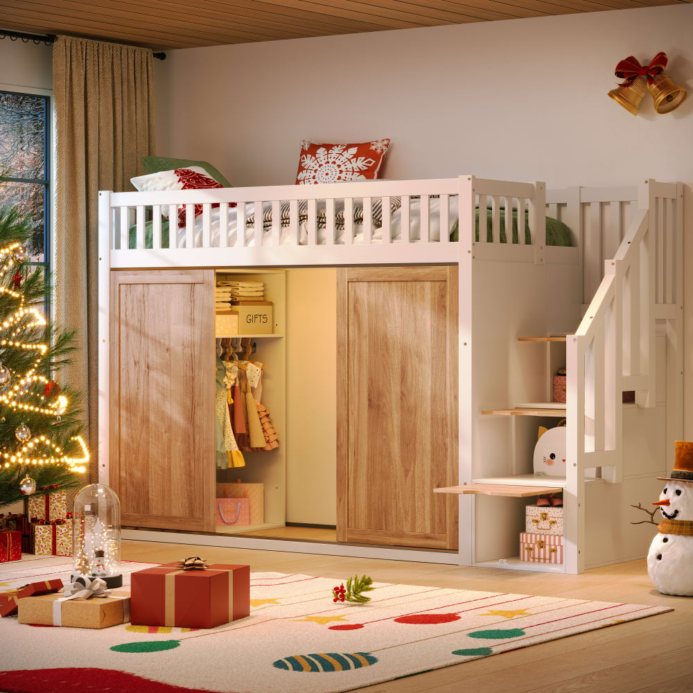 Kinder-Hochbett 90x200 cm mit Kleiderschrank und LED weiß -