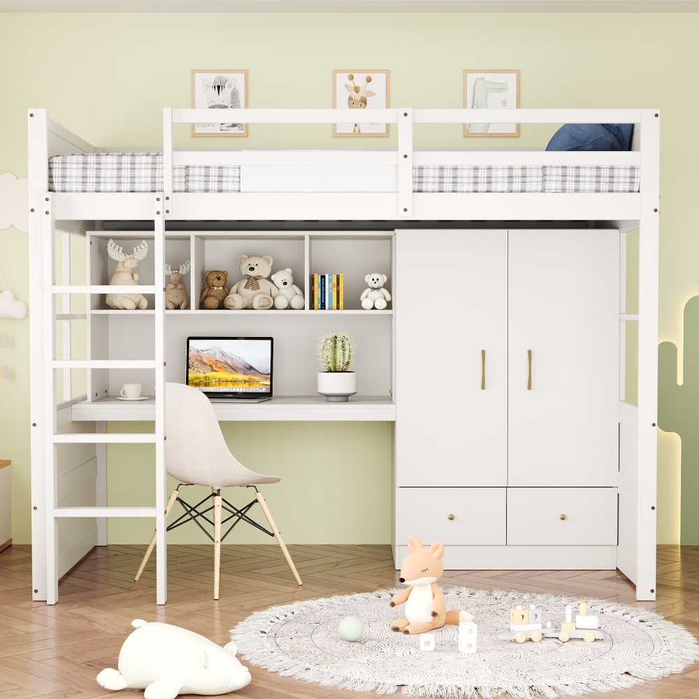 Kinderhochbett 90x200 cm mit Schreibtisch Kleiderschrank Weiß -