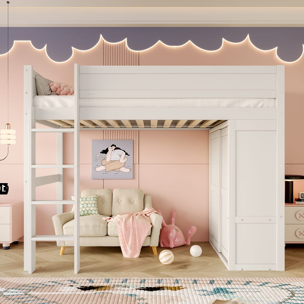 Hochbett aus Kiefernholz mit Schrank 90 x 200 cm Weiß - Maisons