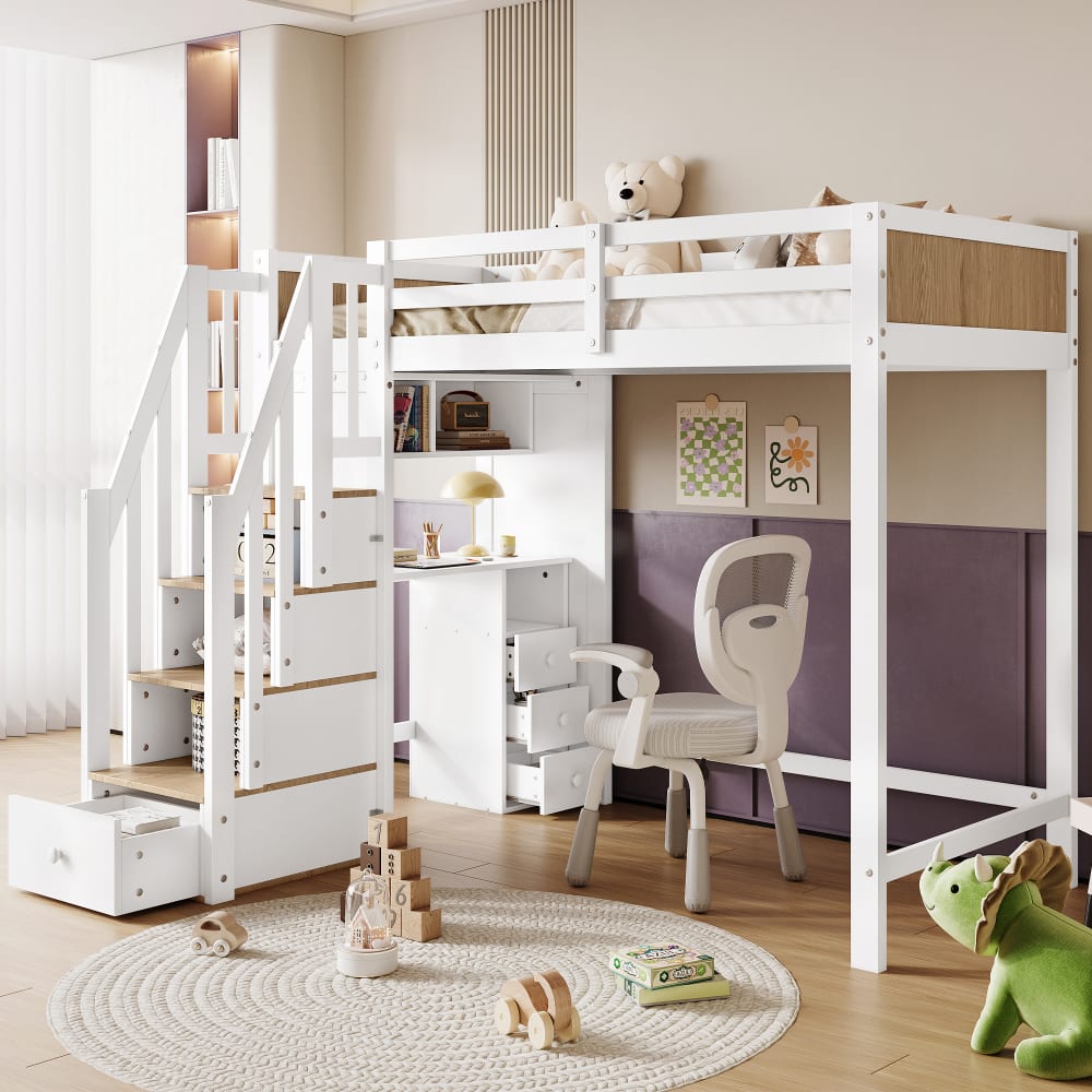 Kinder-Hochbett 90x200 cm mit Schreibtisch und Stauraumtreppe -