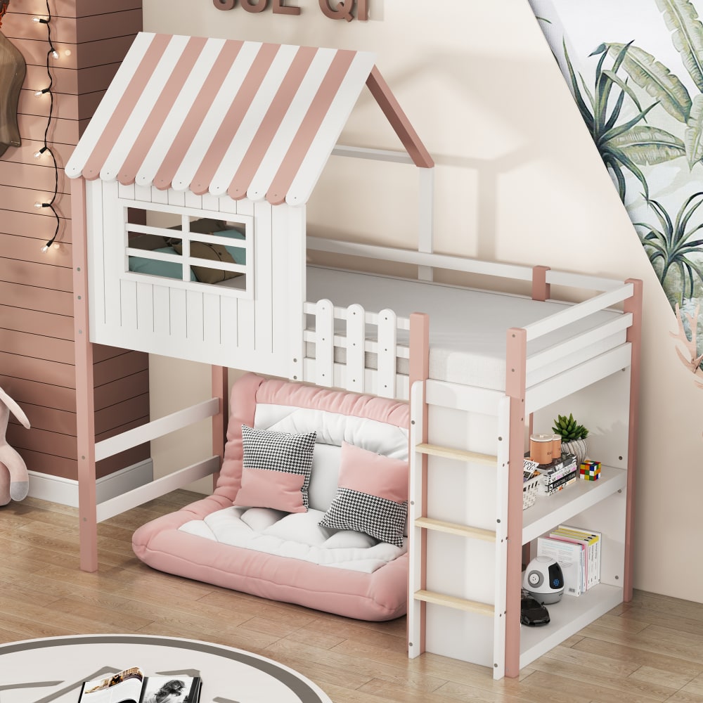 Kinderbett 90x200 cm Hausbett mit Leiter und Stauraum Rosa -