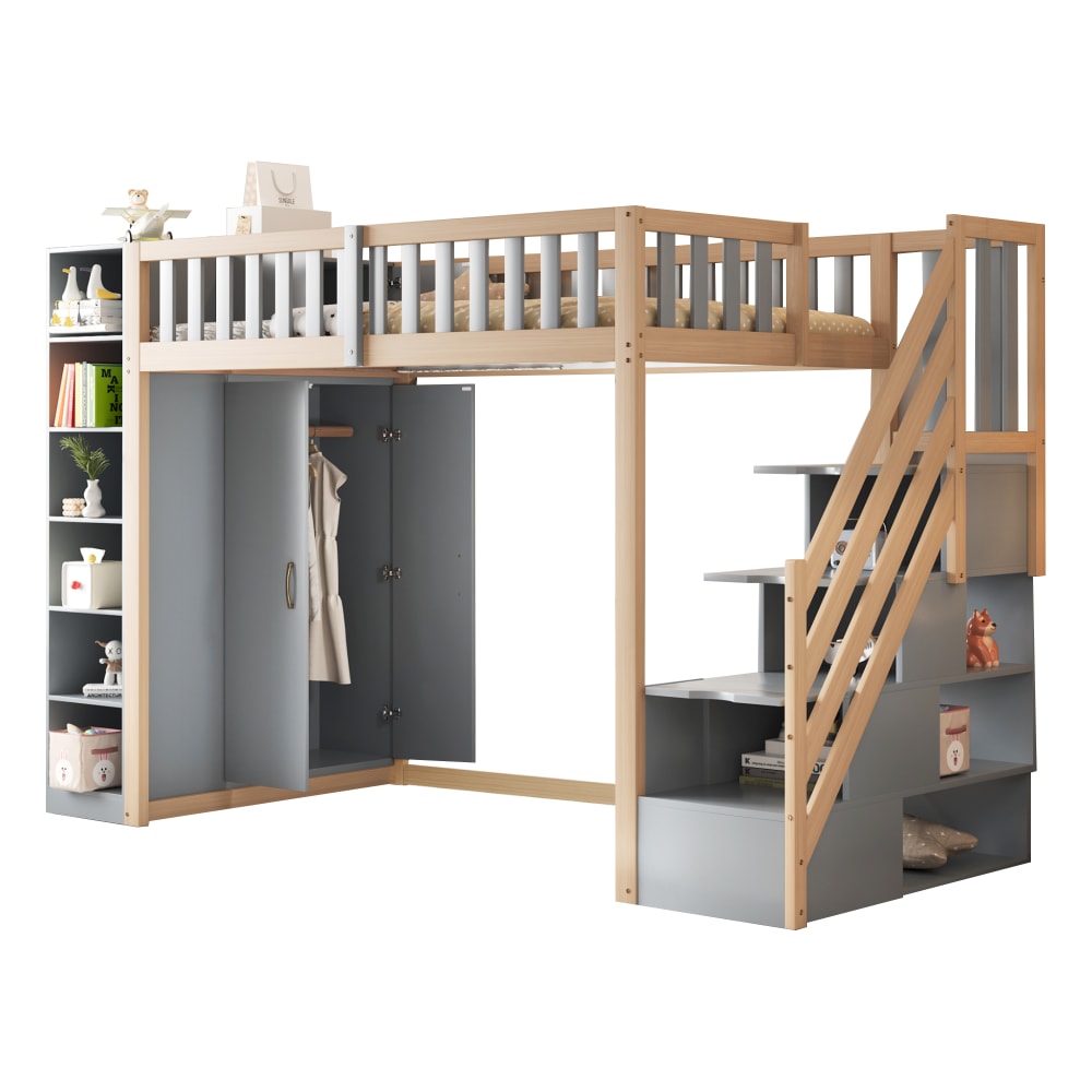 Hochbett 90x200 cm mit Kleiderschrank und Stauraum grau - Maisons