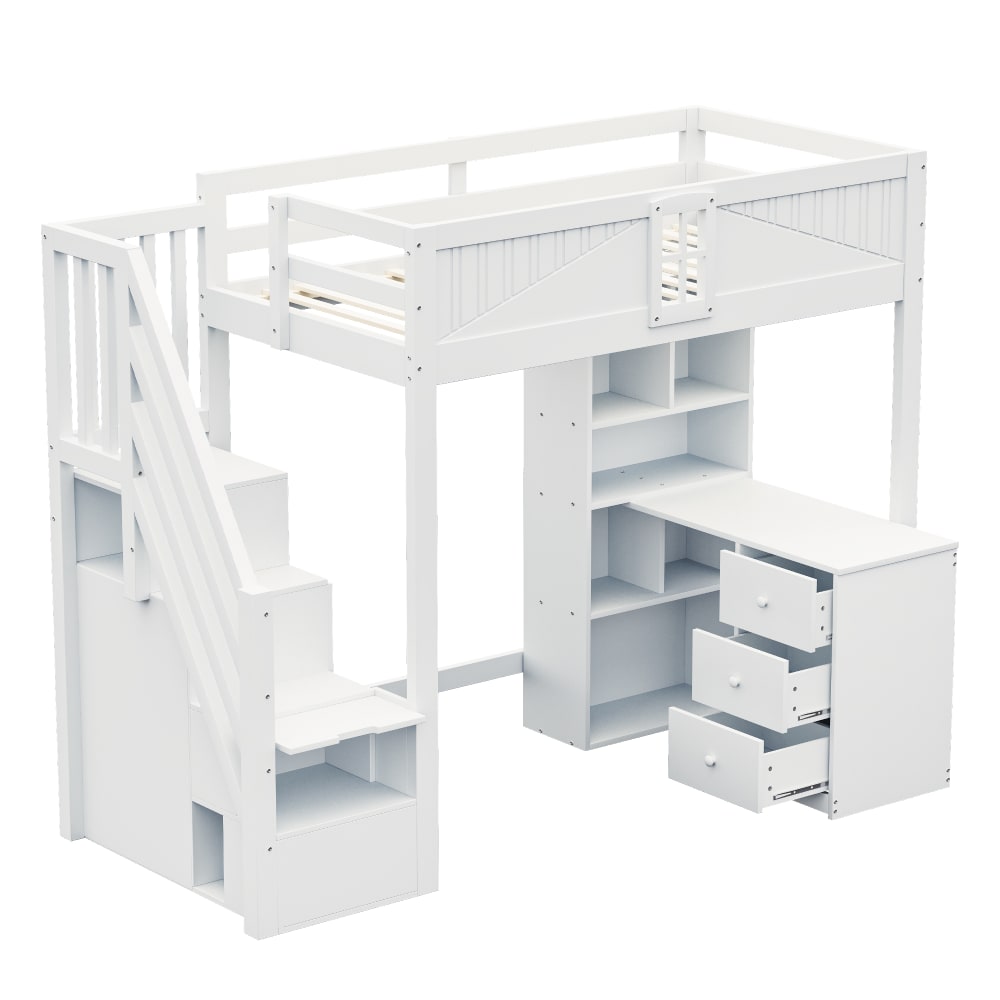 ComfortXL Kinderhochbett 90x200 cm mit Schreibtisch Schrank und Stauraumleiter WEISS HOLZ Baby