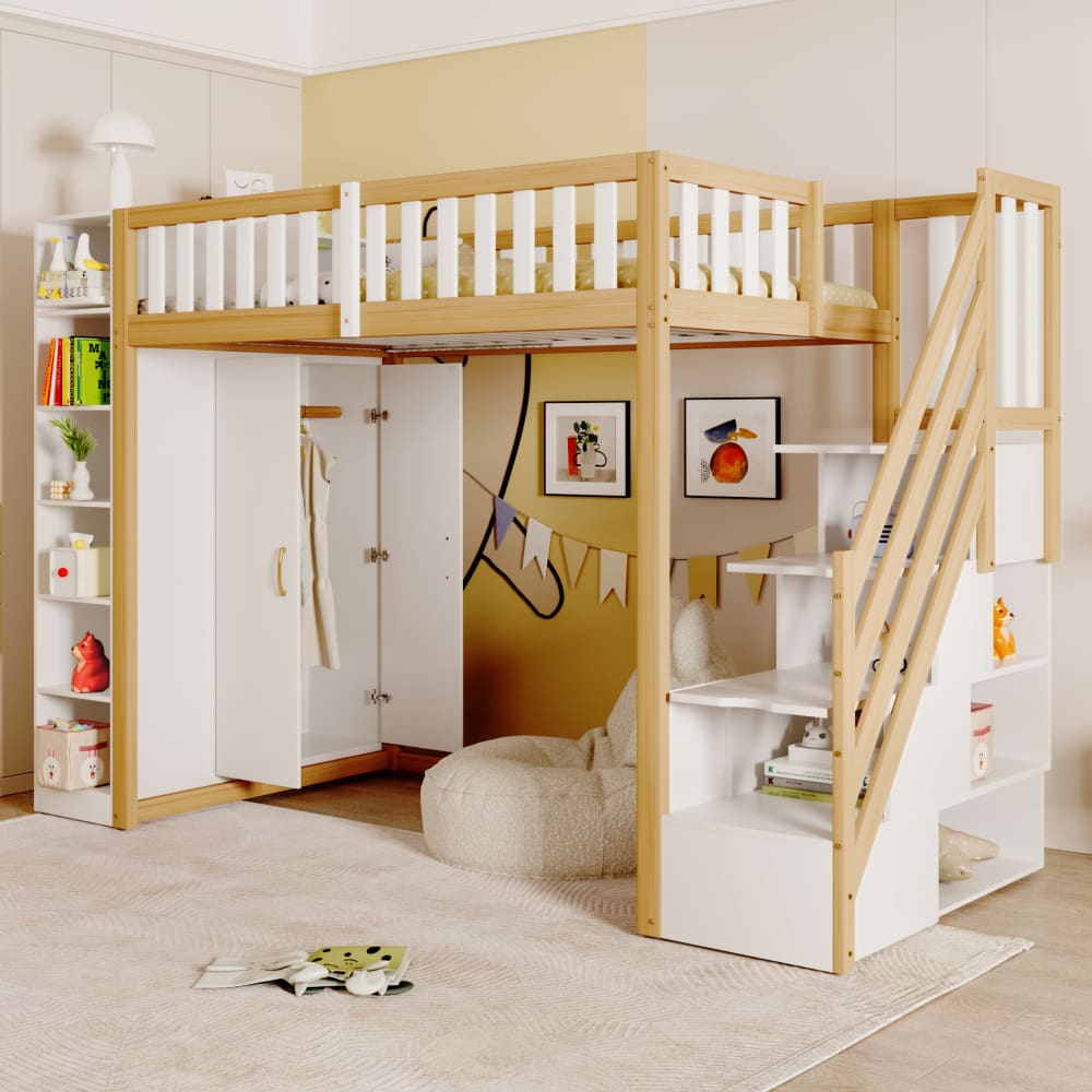 Hochbett 90x200 cm mit Kleiderschrank und Regalen Holzoptik -