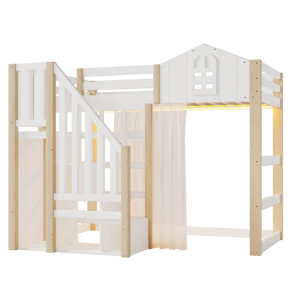 Kinder-Hochbett 90x200 cm mit LED und Vorhang, Weiß/Natur -