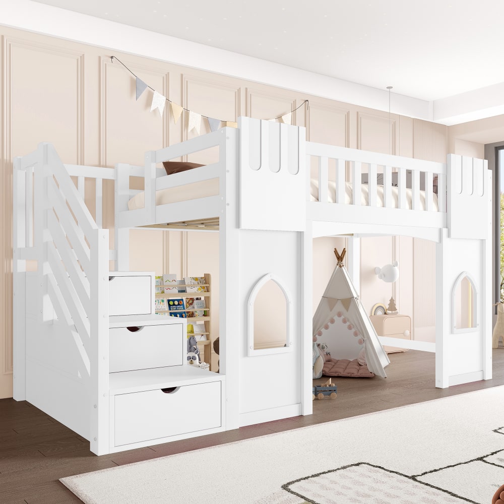 Kinder-Hochbett 90x200 cm mit Stauraumtreppe weiß - Maisons Du