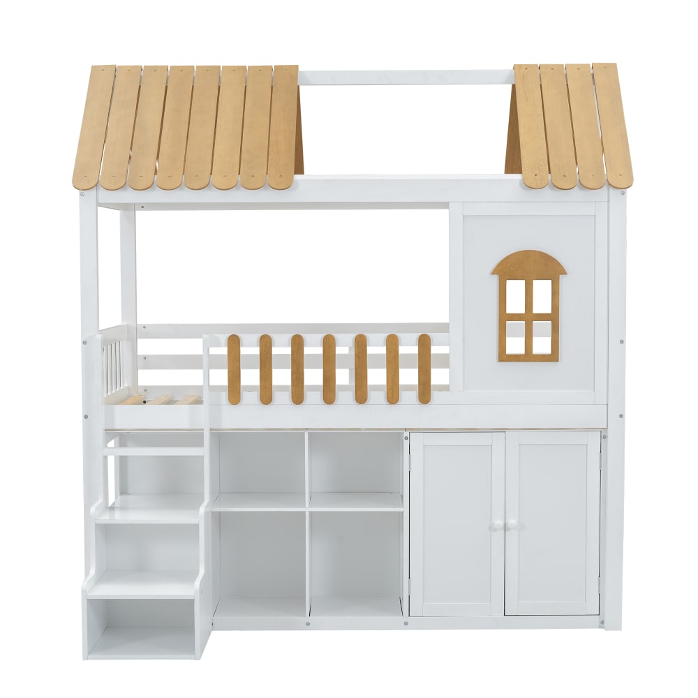 Hochbett 90x200 cm im Hausdesign mit Kleiderschrank Weiß -