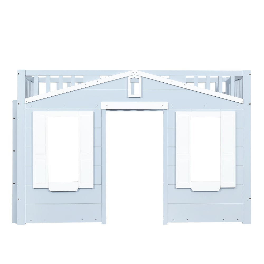 Kinderhochbett 90x200 cm mit Fensterdesign und Leiter blau -