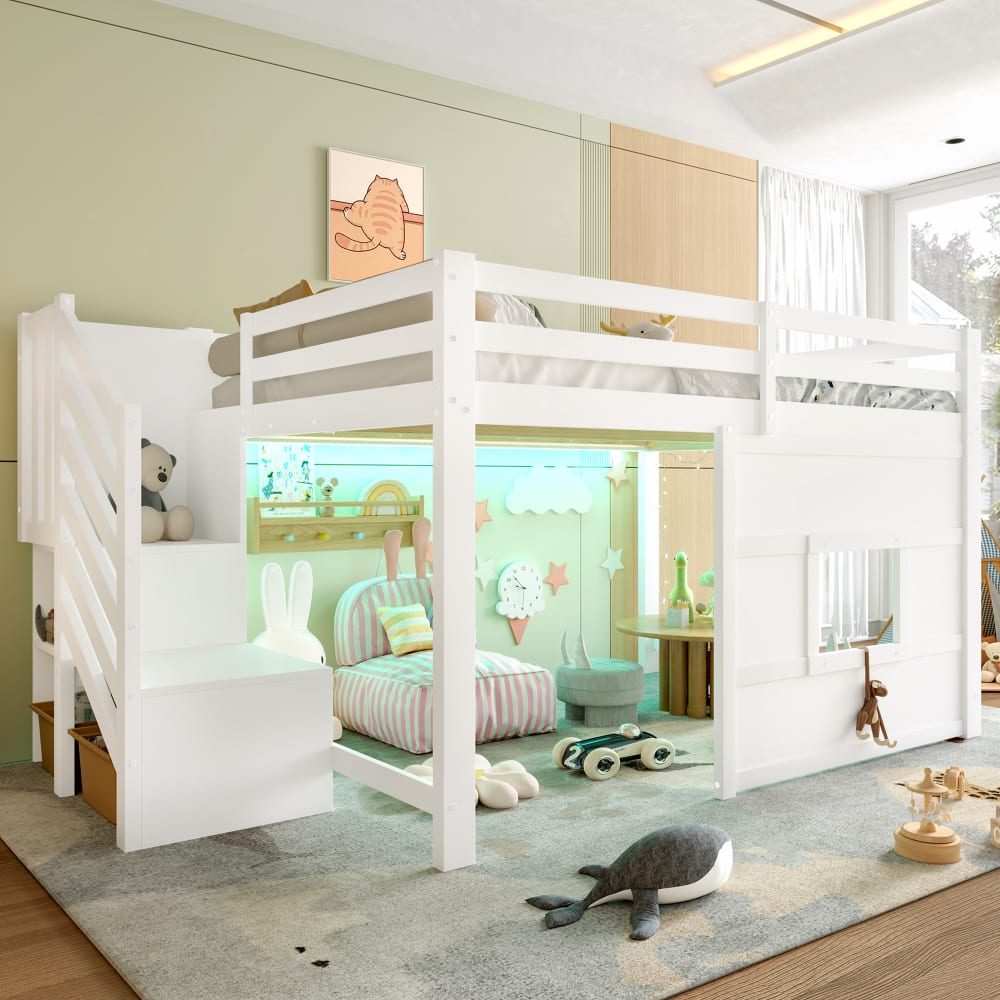 Kinder-Hochbett 140x200 cm mit Stauraumtreppe und LED weiß -