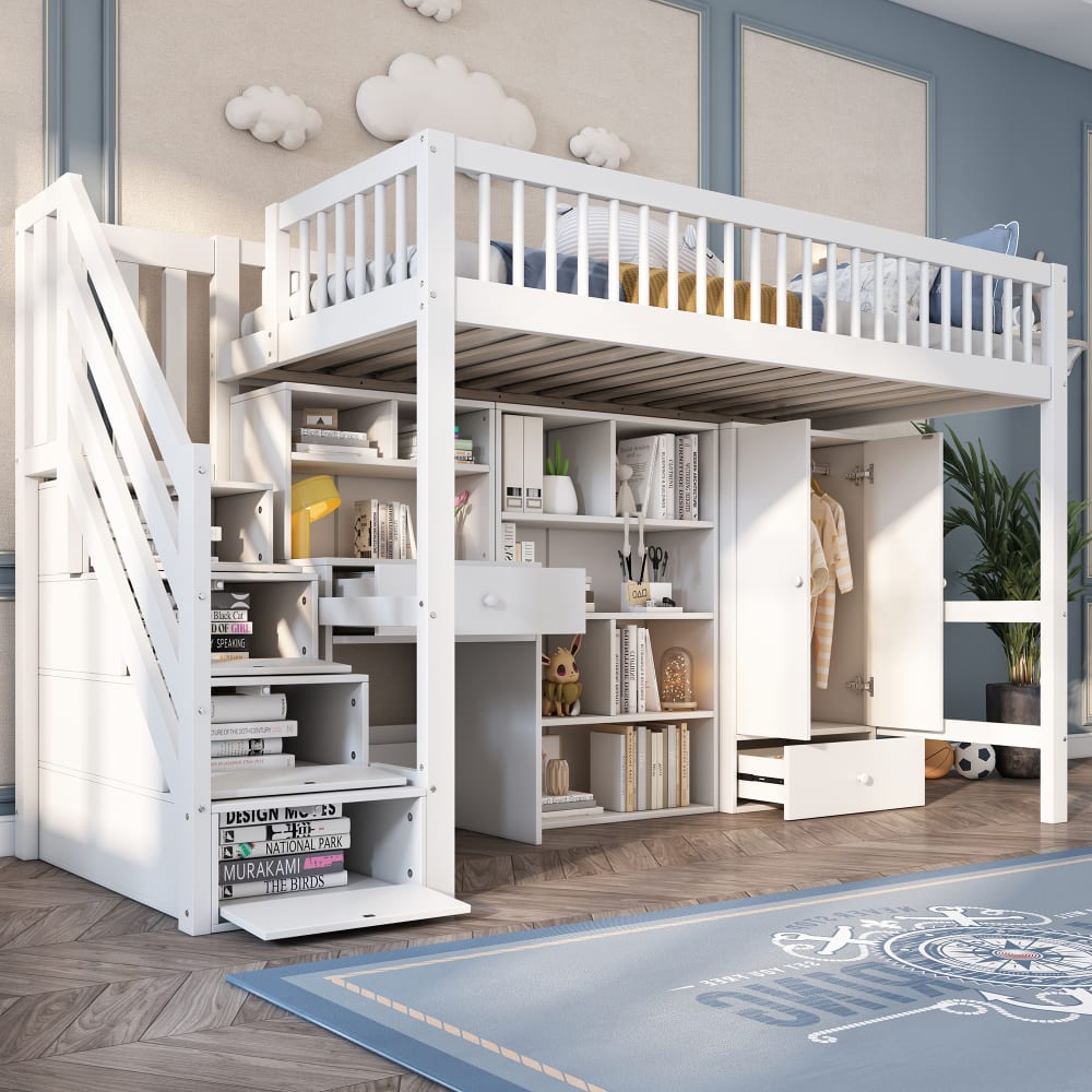 Kinderhochbett mit schreibtisch schrank treppe weiß 90x200 cm -