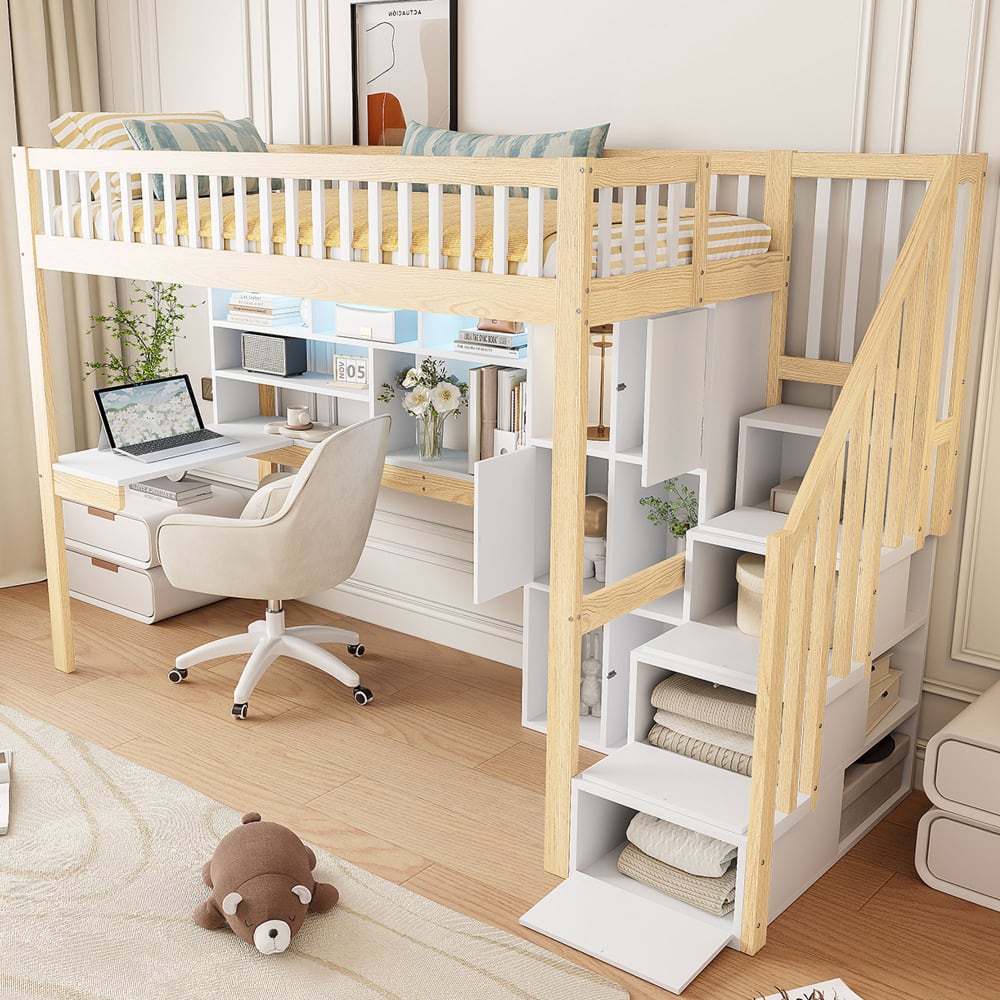 Kinder-Hochbett 90x200 cm mit Schreibtisch und LED weiß - Maisons