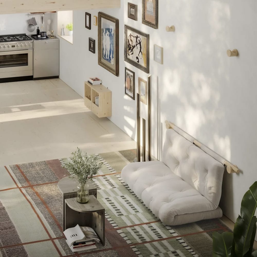 Canapé convertible 2,5 places tissu/bois avec accroches murales bronze