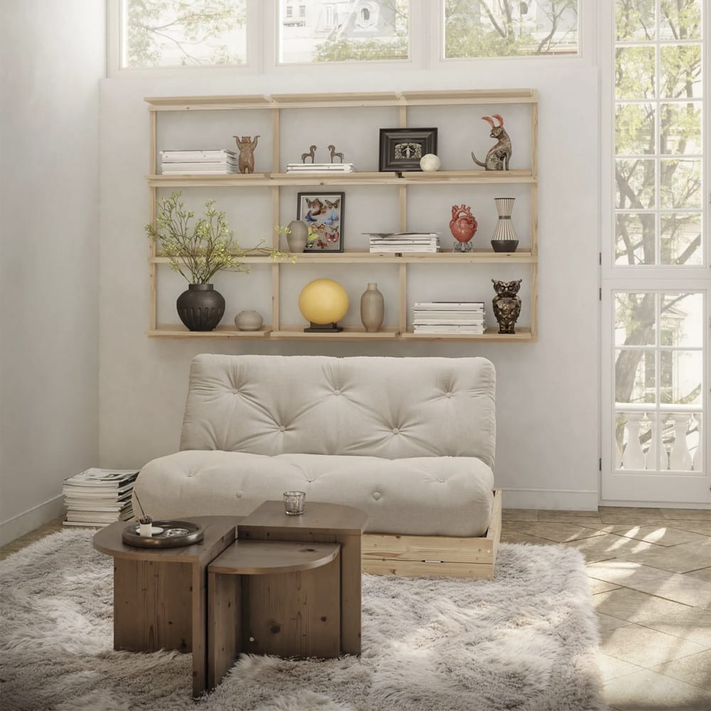 Canapé convertible 2,5 places en tissu et bois - écru