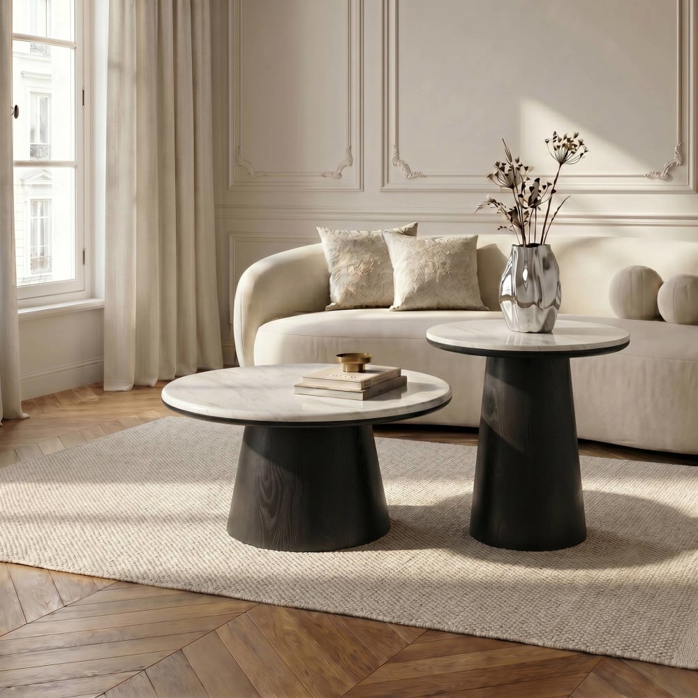 Table basse en bois contreplaqué bois noir et marbre blanc