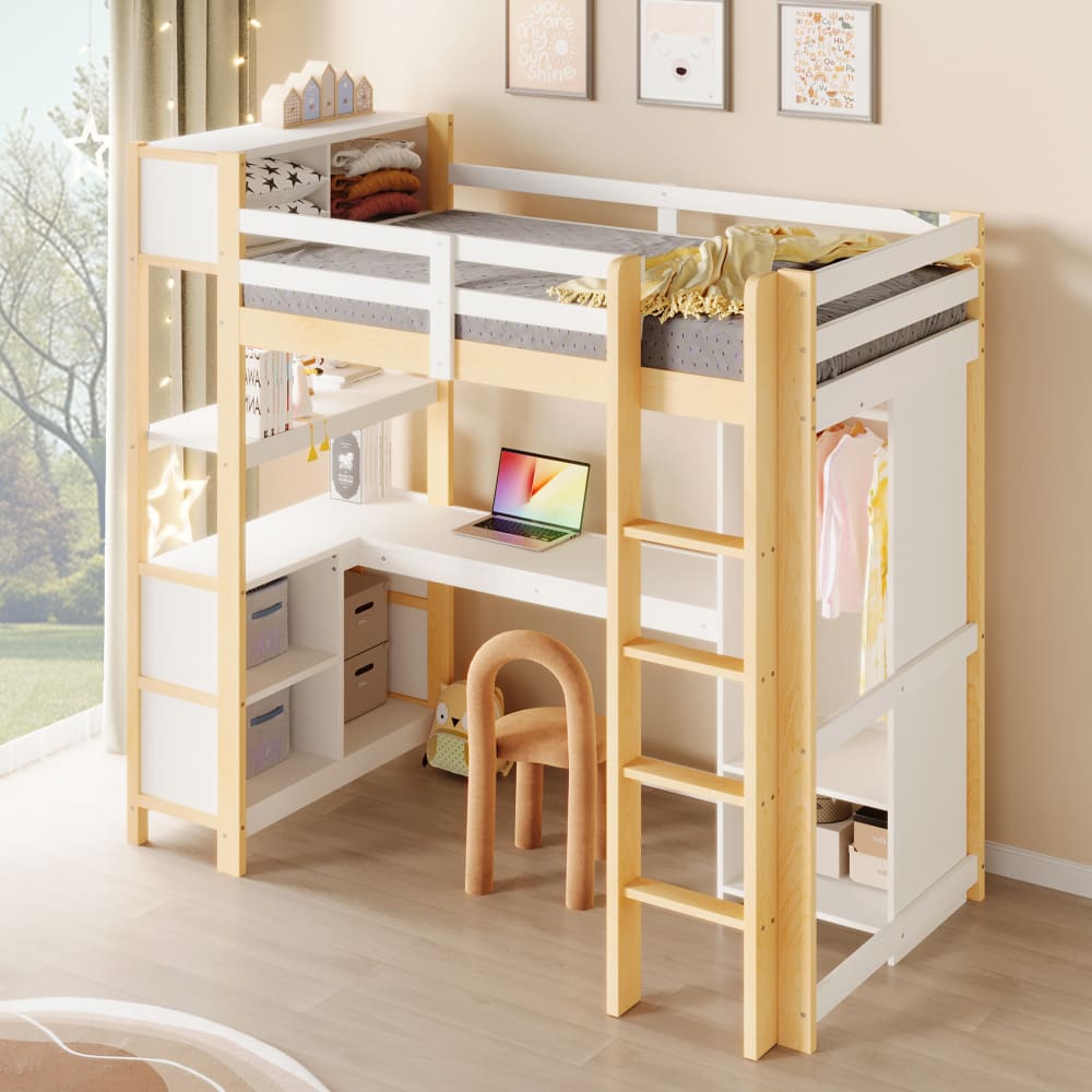 Kinderhochbett 90x200 cm mit Schreibtisch weiß und natur -