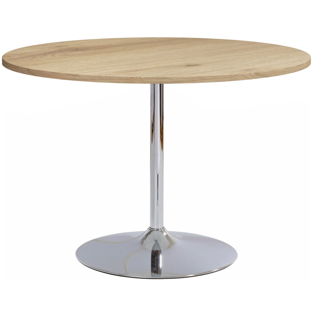 Table à manger ronde 110 cm à fond chromé à l’aspect chêne