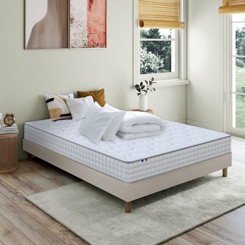Pack matelas ressorts sommier beige couette oreillers 160x200
