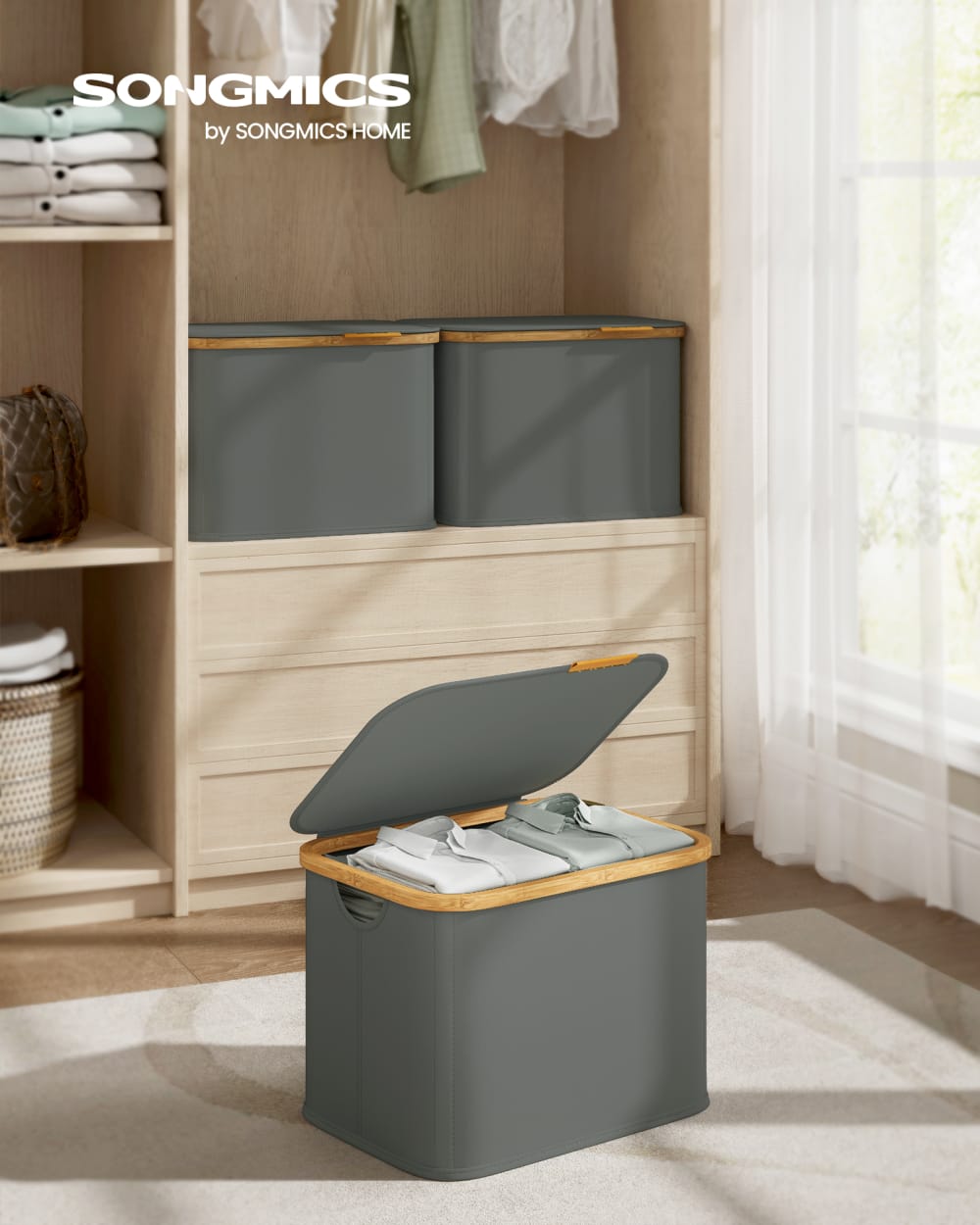 Paniers à linge avec couvercle, 40 l, 42 x 32 x 30 cm, gris — vue 3