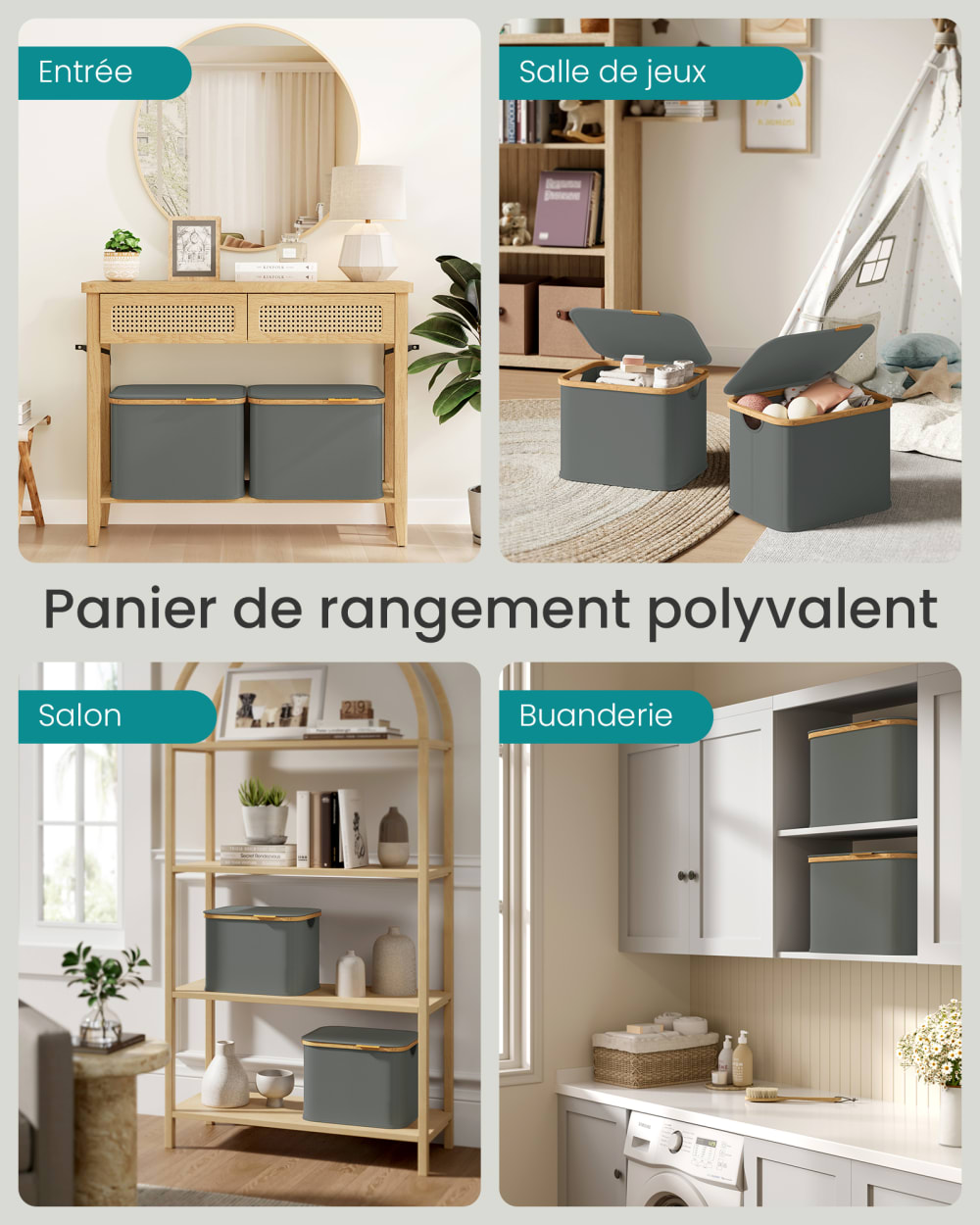 Paniers à linge avec couvercle, 40 l, 42 x 32 x 30 cm, gris — vue 4