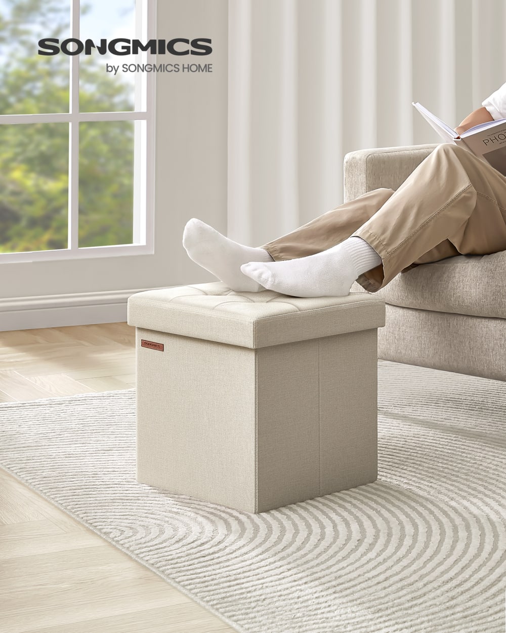 Tabouret de rangement pliable repose-pieds compact blanc et crème