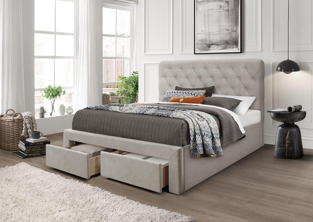Lit en velours de polyester beige avec tête de lit et tiroirs 160x200