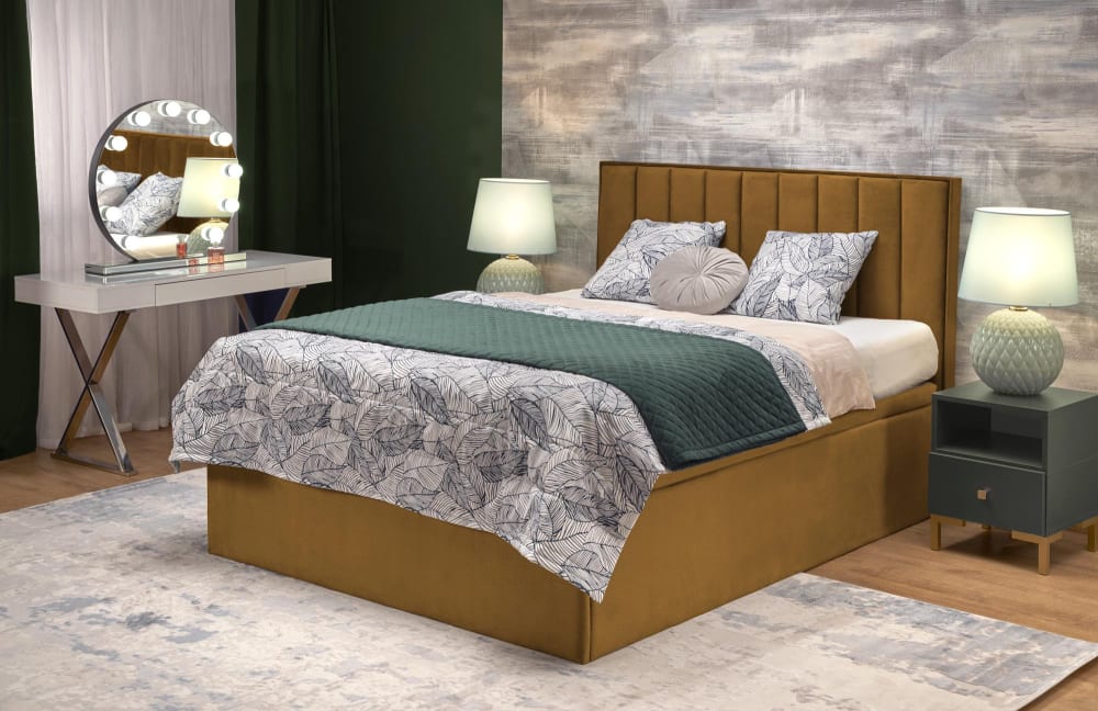 Lit en tissu jaune moutarde 160 x 200 avec tête de lit