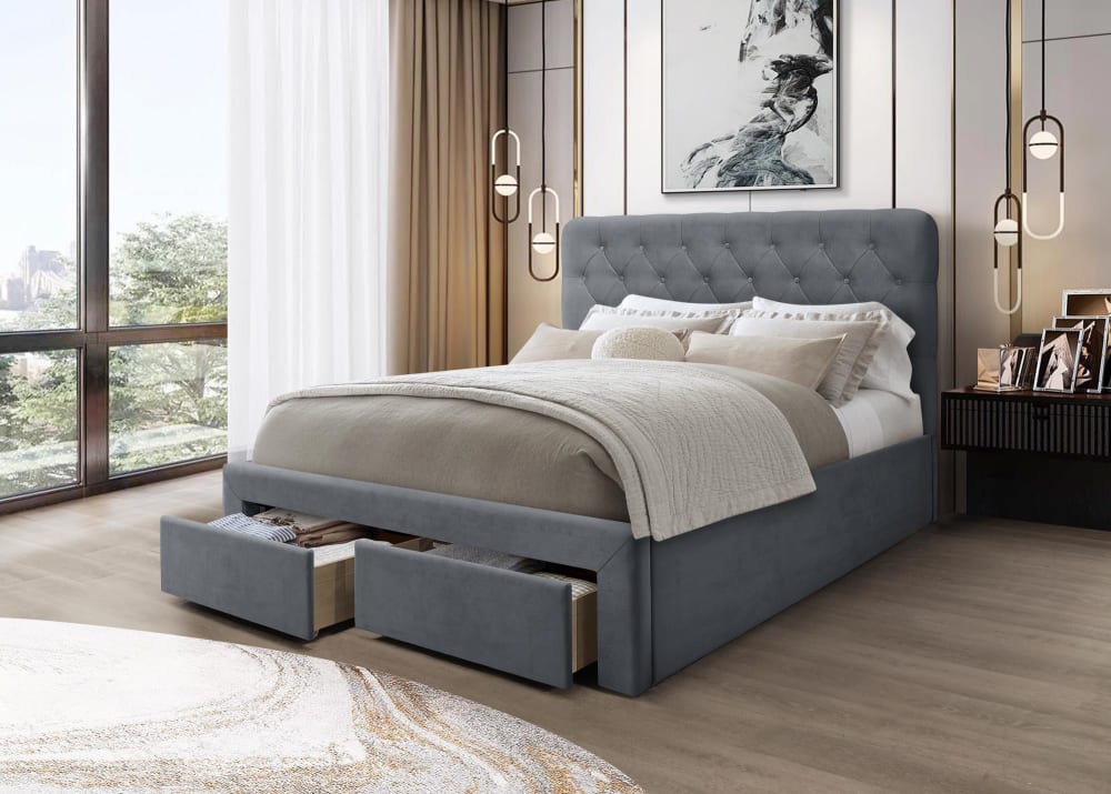 Lit en velours de polyester gris avec tête de lit et tiroirs 160 x 200