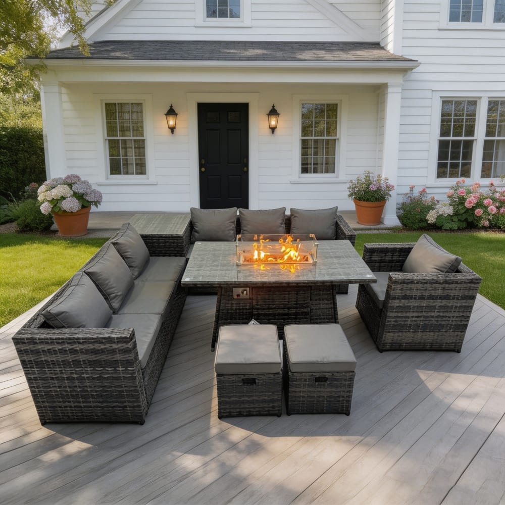 Rattan Eck-Set 9er Feuertisch Fußhocker Gartenmöbel Dunkelgrau -