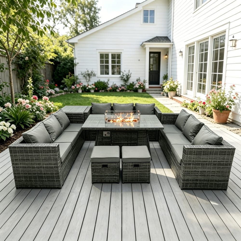 Fimous 11-Sitzer Rattan Set mit Gas Esstisch & Beistelltisch &