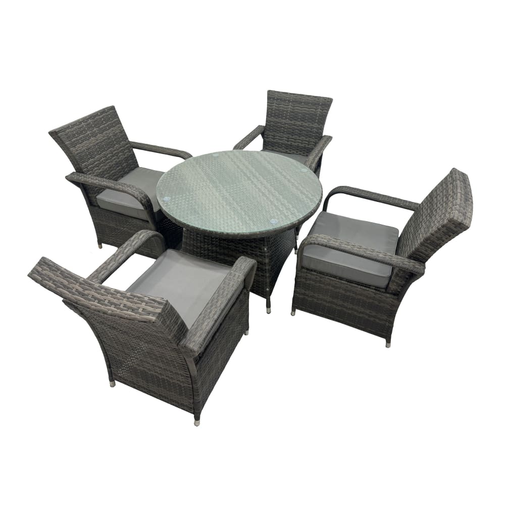 Fimous Rattan Essgruppe Set 4-Sitzer runder Glastisch Gartenmöbel style modern Grau Rattan