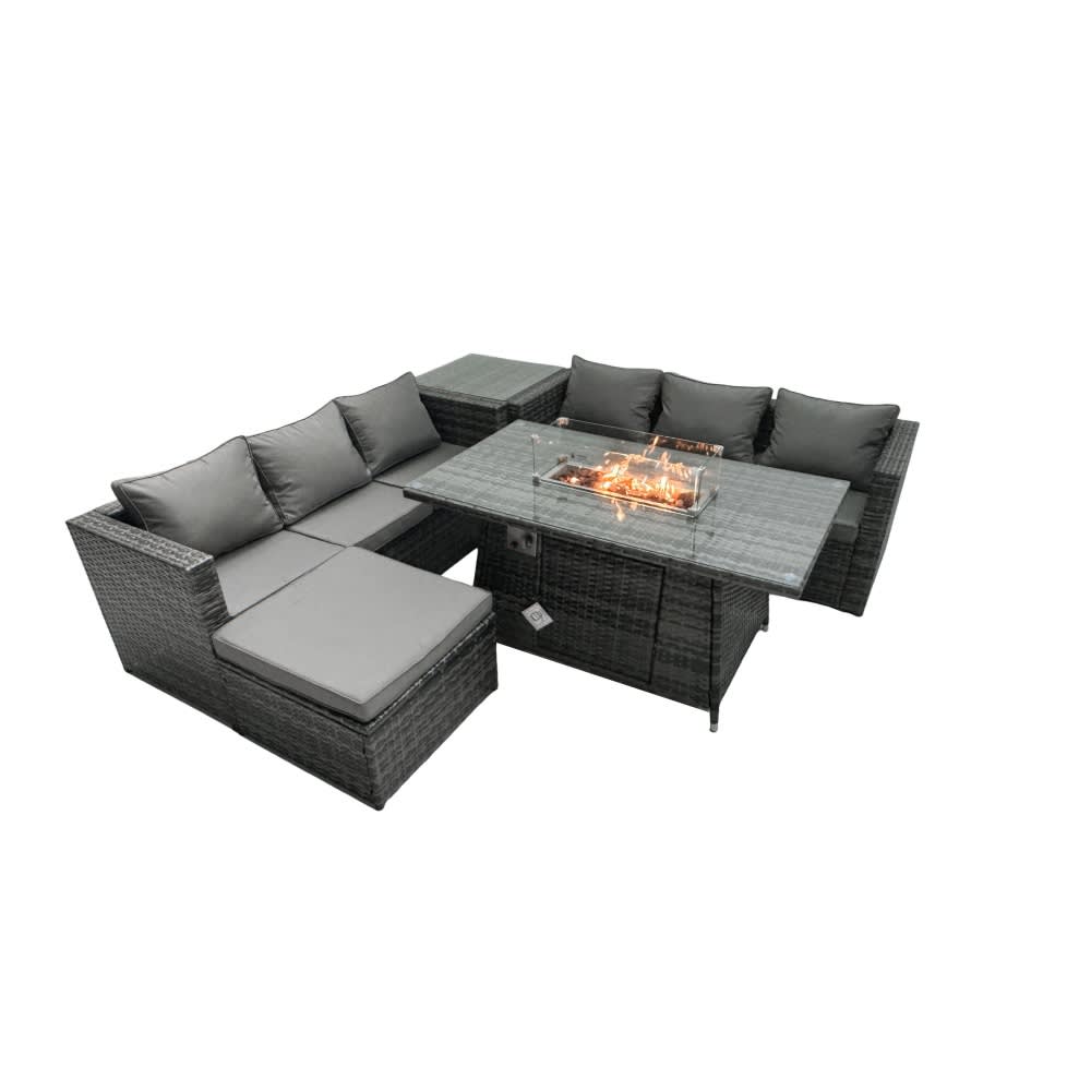 Fimous Fimous 7-Sitzer Rattan Set mit Gas Esstisch & großem Hocker style classic chic Grau Rattan