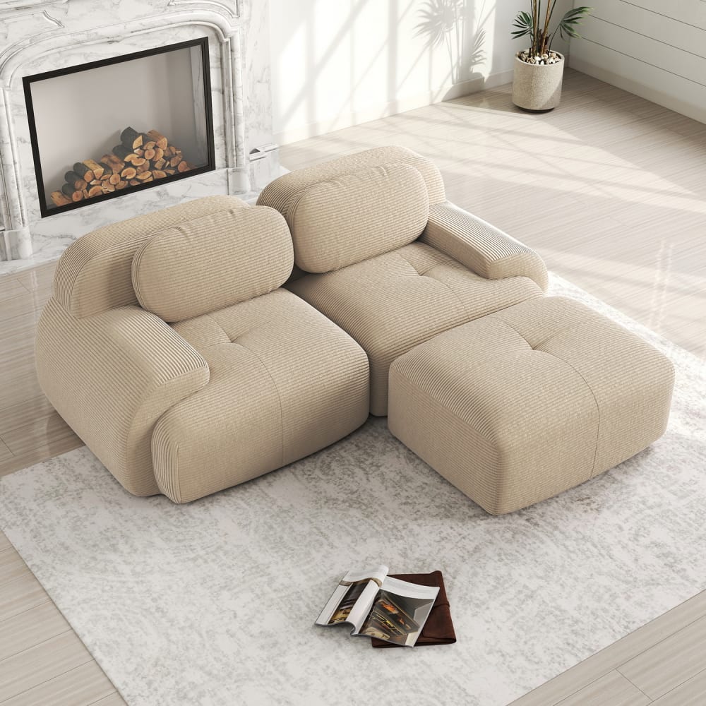 Canapé modulable 2 places avec accoudoirs et velours côtelé, beige